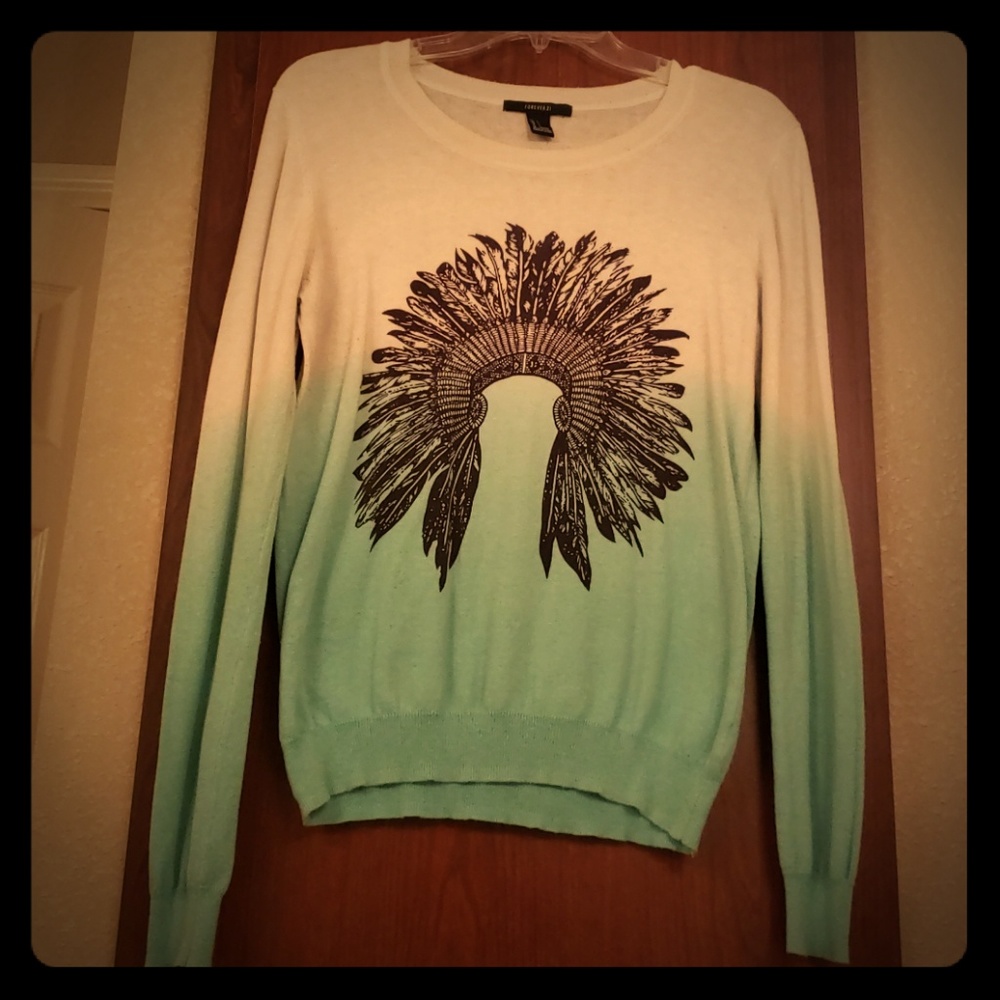 Ombre Sweater with Indian Headdress Print